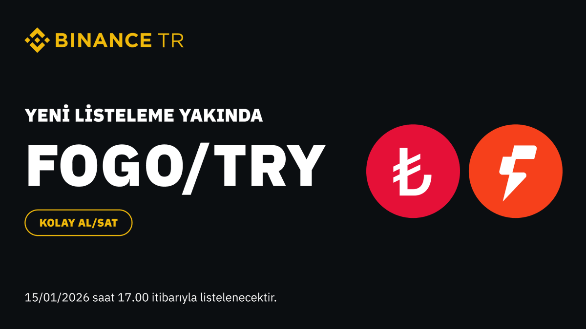 BinanceTR's tweet image. #Binance TR, 15/01/2026 Perşembe günü saat 17.00’de FOGO (Fogo) kripto varlığını TRY işlem çiftinde listeleyecektir.

Detaylar için tıklayın 👇
binance.tr/tr/blog/geli%C…