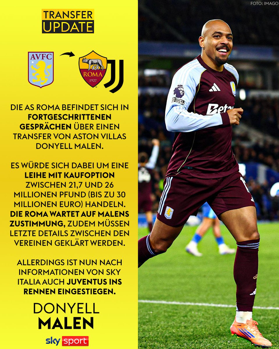 SkySportDE's tweet photo. Geht der Ex-Dortmunder zur Roma oder kann Juve doch noch ein Wörtchen mitreden? 👀

#SkyTransfer #Malen #ASRom https://t.co/N33by8Y5gV