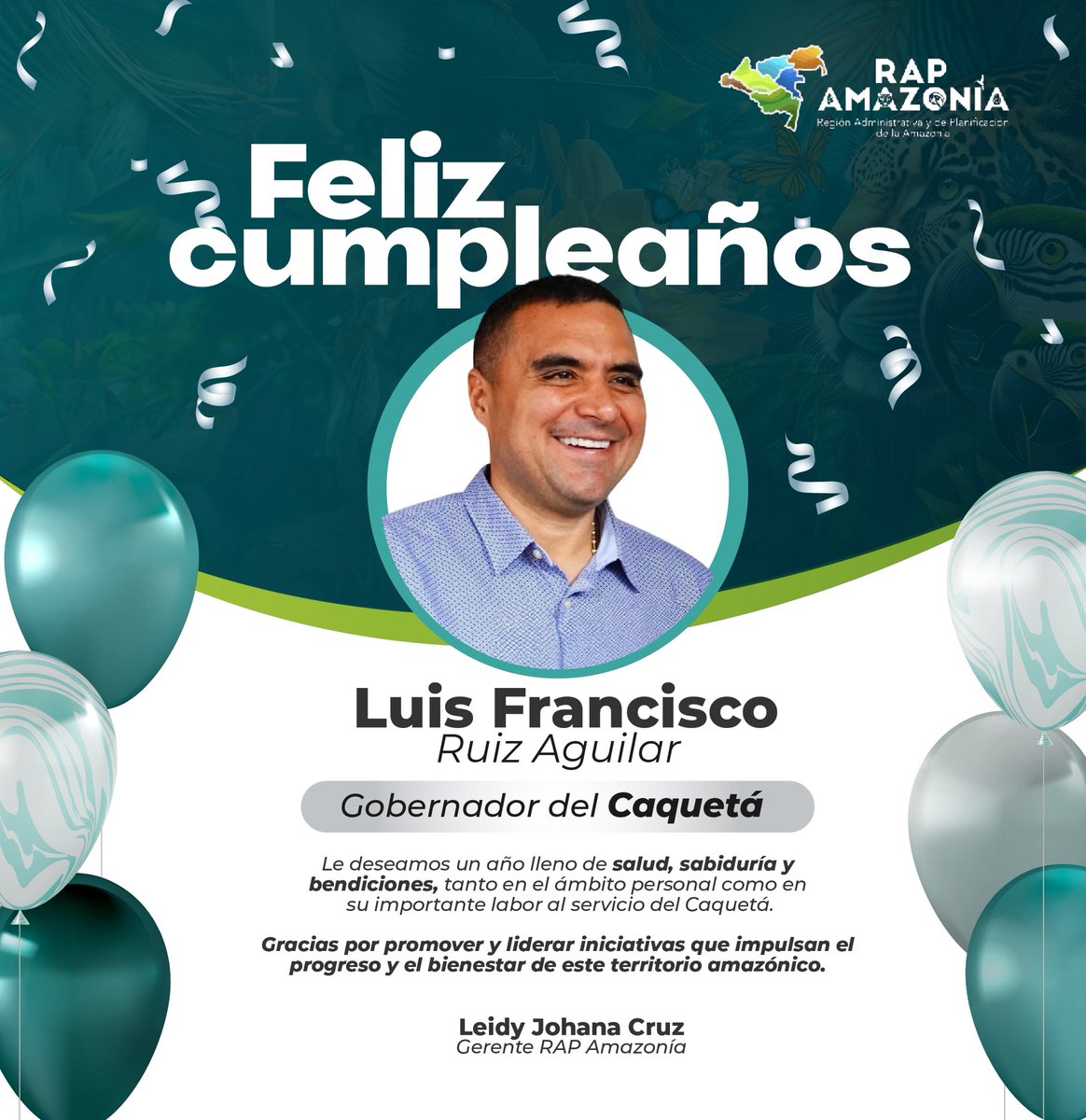 Celebramos la vida y el liderazgo de un hombre comprometido con el desarrollo del territorio y el bienestar de su gente. Feliz cumpleaños Luis F. Ruiz Aguilar, Gobernador del Caquetá. Dios lo siga bendiciendo y guiando cada paso en su labor al servicio de la región.

<a href="/GobCaqueta/">Gobernación de Caquetá</a>