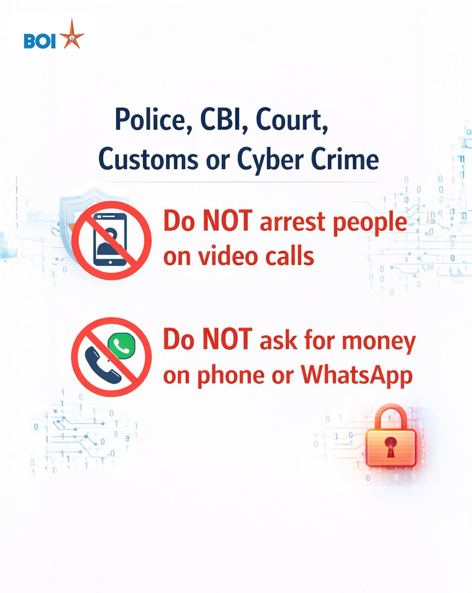 BankofIndia_IN's tweet image. Police cases don’t happen on WhatsApp. Arrests don’t happen on video calls. Money is never asked on phone.

When in doubt, disconnect and verify.

#DigitalArrestScam #CyberFraudAwareness #StayCyberSafe #FraudAlert #ScamAlert #CyberCrimeAwareness #ThinkBeforeYouPay