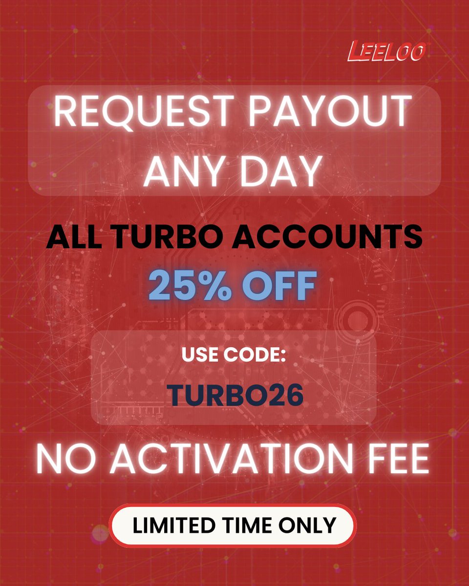 25% OFF Leeloo Turbo Accounts - Request a payout any day once requirements are met

Use code TURBO26 and lock in 25% off every month until you qualify.

Once you qualify, your Turbo Performance Account has a $0 activation fee.

👉 Code: TURBO26

Check all details and the accounts
