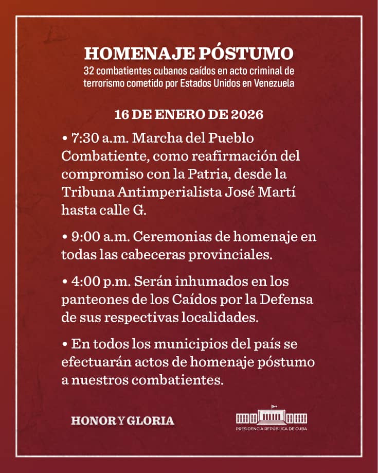 DiazCanelB's tweet image. #Cuba recibirá con #HonorYGloria a nuestros 32 compatriotas, caídos heroicamente en defensa de la soberanía de una nación hermana.

Con cubanísimo coraje, ellos pusieron en jaque a los súper apertrechados, cobardes e ilegales secuestradores del Presidente de #Venezuela.