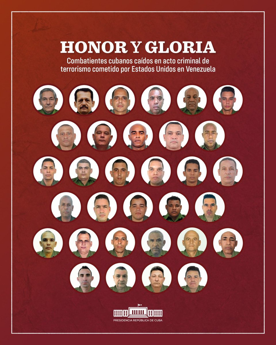 DiazCanelB's tweet image. #Cuba recibirá con #HonorYGloria a nuestros 32 compatriotas, caídos heroicamente en defensa de la soberanía de una nación hermana.

Con cubanísimo coraje, ellos pusieron en jaque a los súper apertrechados, cobardes e ilegales secuestradores del Presidente de #Venezuela.