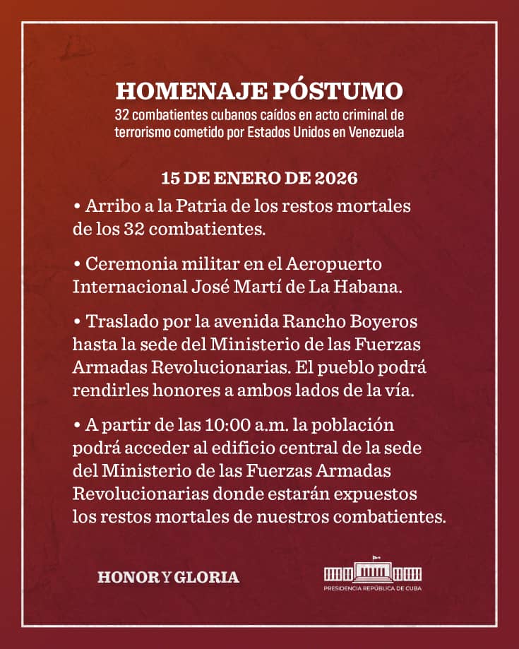 DiazCanelB's tweet image. #Cuba recibirá con #HonorYGloria a nuestros 32 compatriotas, caídos heroicamente en defensa de la soberanía de una nación hermana.

Con cubanísimo coraje, ellos pusieron en jaque a los súper apertrechados, cobardes e ilegales secuestradores del Presidente de #Venezuela.
