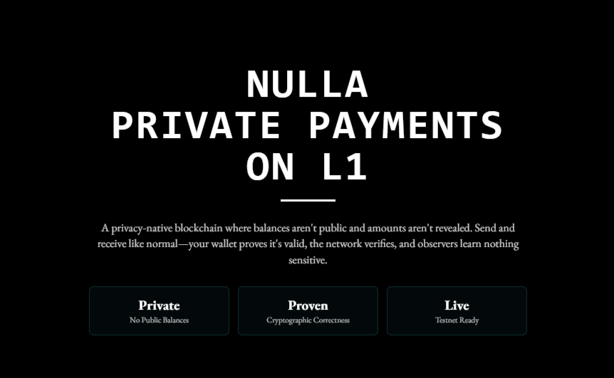 AdamHODL's tweet photo. There simply isn't a world an L1 privacy chain stays sub 300K FDV.

The repricing will be aggressive.

https://t.co/hMbgXGtkZS
https://t.co/EiZccoknMJ

NULLA is organized into three layers, each with a deliberately narrow responsibility which makes the system scalable and institution compatible. Instead of one chain doing consensus, cryptography, and application logic all at once, those concerns are separated cleanly.

NullaNet guarantees order.
Proof Hub guarantees truth.
AppChain defines meaning.

All seperate layers, all doing their own tasks. So, lets break it down.
 
NullaNet acts as the base, the relay layer. NullaNet handles coordination, not computation. It defines who participates, how finality is reached, which chains can connect, and under what rules. Think validator sets, governance decisions, and system-level security etc.

Sitting above that is the Proof Hub, implemented as a system parachain. This is the cryptographic core of the network. The Proof Hub verifies zero-knowledge proofs, enforces nullifier uniqueness, maintains the global Merkle root, and emits verification results that other chains can rely on.

And then there is AppChains, which are provider operated parachains. The AppChains will manage asset registries, marketplaces, settlement rules, compliance gating, and corporate actions, all while keeping balances and amounts private by default.

If it all works, what they're building isn't just another cool privacy coin, its an entire infrastructure where private financial systems, regulated markets, and sensitive data workflows can exist on-chain without turning transparency into a liability.

TLDR: Chain is built to hide balances and onchain identities. Value is represented as private "notes" that can be sent and spent using cryptographic zK proofs. These are verified that everything checks out without learning amounts or linking senders and recipients.