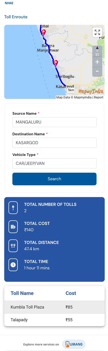 shrijith_v's tweet photo. Mangalore to Kasaragod distance is 45 KMs &amp; 2 Toll gates in NHAI. @nitin_gadkari said minim distance between 2 tollgate is 60km but here distance between 2 tollgates is 23 Kms. @NHAI_Official how do you justify this?Is this even legal? Aren't you ashamed to loot people like this? https://t.co/mgzmyqM8me