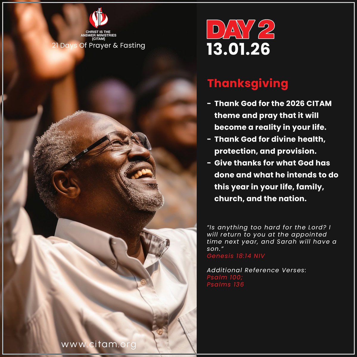 CITAMOnline's tweet photo. Day 2 of our 21 Days of Prayer and Fasting is a call to gratitude as we thank God for His faithfulness and trust Him for all that’s ahead.

#NothingIsImpossibleForGod #21DaysOfPrayer
#PrayerAndFasting #FaithInAction #TrustGodFully https://t.co/mZhwNTwGBV