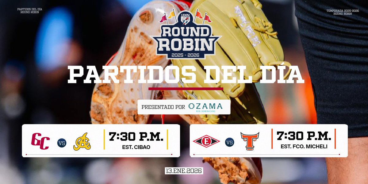 Después de una pequeña pausa hoy seguimos con el #RoundRobinLIDOM 

Partidos del día 1️⃣4️⃣ son presentados por Ron Ozama🍹

#CopaBanreservas