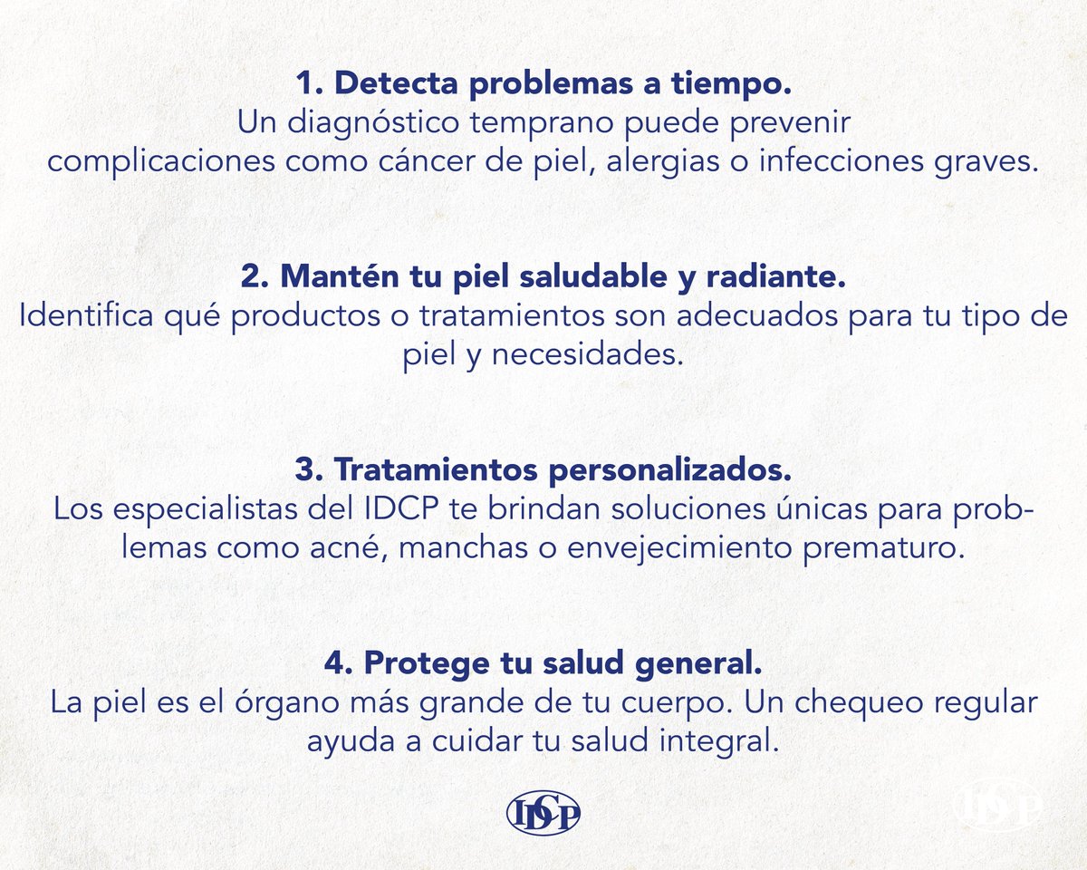 IDCP_rd's tweet image. Tu piel merece el mejor cuidado. Un chequeo dermatológico anual no solo previene problemas graves, sino que también te ayuda a mantenerla radiante y saludable.

En el IDCP, te brindamos tratamientos personalizados con los mejores especialistas.

#IDCP #IDCPCuidaTuPiel