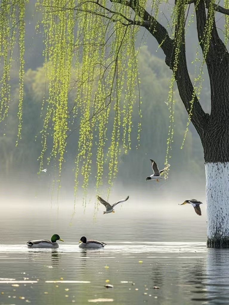 yngjishn726618's tweet photo. 春日湖畔的诗意时光 🌿
柳树垂下嫩绿的枝条，湖面泛起层层涟漪，鸭子悠闲地游弋，几只鸟儿轻盈飞过。这样的画面，仿佛一首流动的诗，让人心旷神怡。🌸🍃春天，就是大自然最温柔的笔触。 #二十四节气 #拂堤杨柳醉春烟 #美在山水春色间 #春江水暖鸭先知 #感受自然的美好与宁静 #水光潋滟晴方好 https://t.co/OZGY4uDxNf