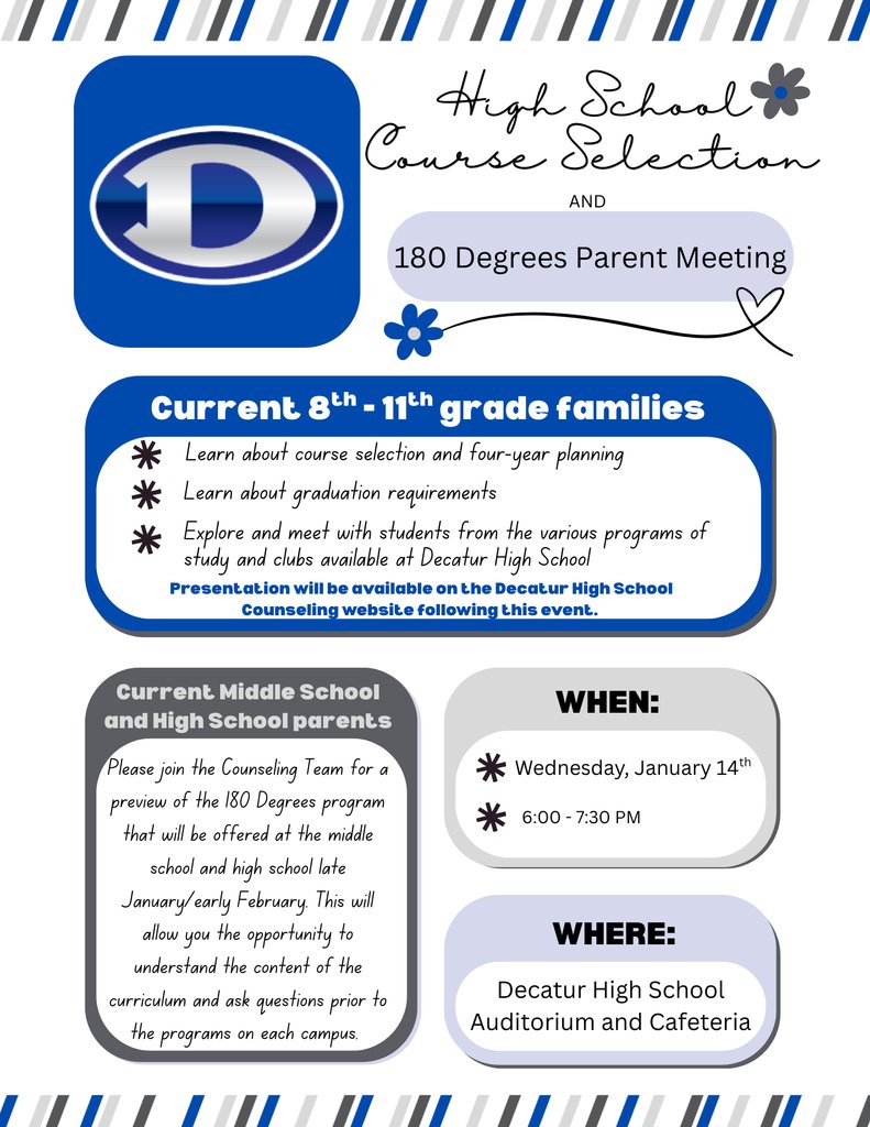 Decatur_MMS's tweet image. Reminder of the parent meeting tomorrow.  Located at Decatur High School Auditorium

We look forward to partnering with you as students plan for the upcoming school year.