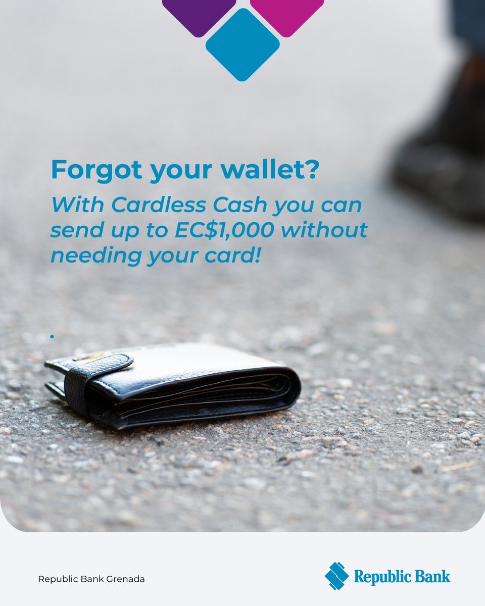 Cardless Cash is a secure, contactless way to access or send cash without sharing bank details. Generate a one-time code via RepublicMobile or RepublicOnline, receive it on your phone, and enter it at a Republic ATM to withdraw cash instantly. Daily limit it EC$1,000.