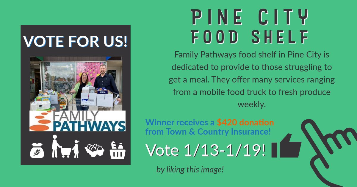 TCINS's tweet image. Vote by liking on Facebook or voting on our Website! The winner with the most likes, and votes from our website will receive a $420 donation from our recommendation program!! The three finalists are HES Giving Tree, A Place for You, Pine City Food Shelf! Vote &amp;amp; Share, ends 1/19!