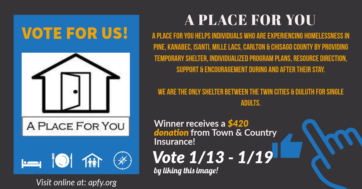 TCINS's tweet image. Vote by liking on Facebook or voting on our Website! The winner with the most likes, and votes from our website will receive a $420 donation from our recommendation program!! The three finalists are HES Giving Tree, A Place for You, Pine City Food Shelf! Vote &amp;amp; Share, ends 1/19!