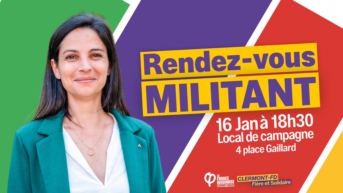 ClermontFiere26's tweet photo. Après notre grand meeting du 15 janvier, rendez-vous vendredi 16 à 18h30 !

L’occasion d’échanger sur la campagne et d’organiser les prochaines actions pour faire de Clermont-Ferrand une ville fière et solidaire.

Rejoignez-nous ! https://t.co/0GTm8DqtqP