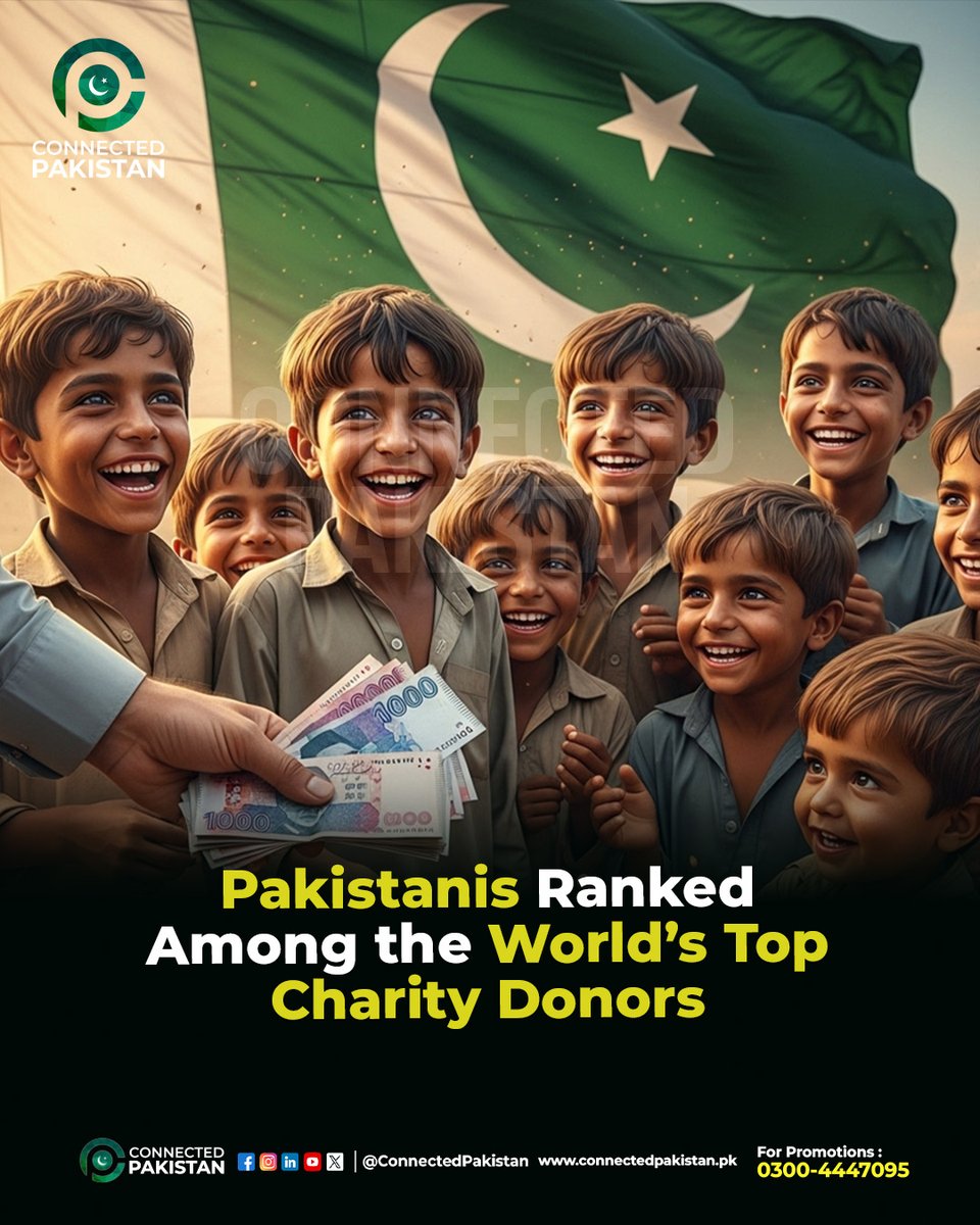 ConnectedPak's tweet image. Pakistanis rank among the world’s top charity donors, showcasing a powerful culture of generosity, compassion, and community support despite economic challenges.
#ConnectedPakistan #GlobalCharity #Pakistan #Philanthropy