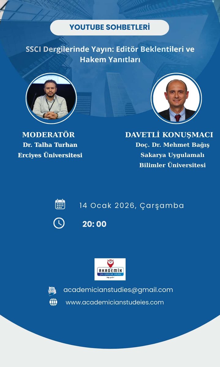 SSCI dergilerinde yayın sürecine ilişkin editör beklentileri ve hakem yanıtlarının ele alınacağı YouTube Sohbetleri programında, fakültemiz Uluslararası Ticaret ve Finansman Bölümü öğretim üyesi Doç. Dr. Mehmet Bağış konuk olacaktır.