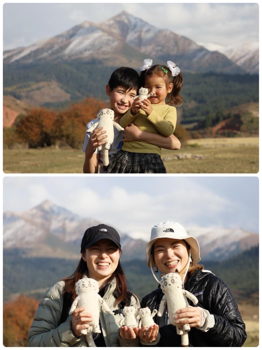twinstrust2013's tweet photo. 【キルギス渡航】
石けんのタスマ村と同様、ジェティオグズの皆さんとも撮影大会📷✨
雪山が美しすぎて、後ろに垂れ幕があるのかと思うほど。合成写真みたいになっていますが、これはリアルです！笑
第二の都市カラコルから近い、観光名所のジェティオグズ。キルギスを訪れた際は、ぜひ⛰️🚙！ https://t.co/oTPKKPOXao