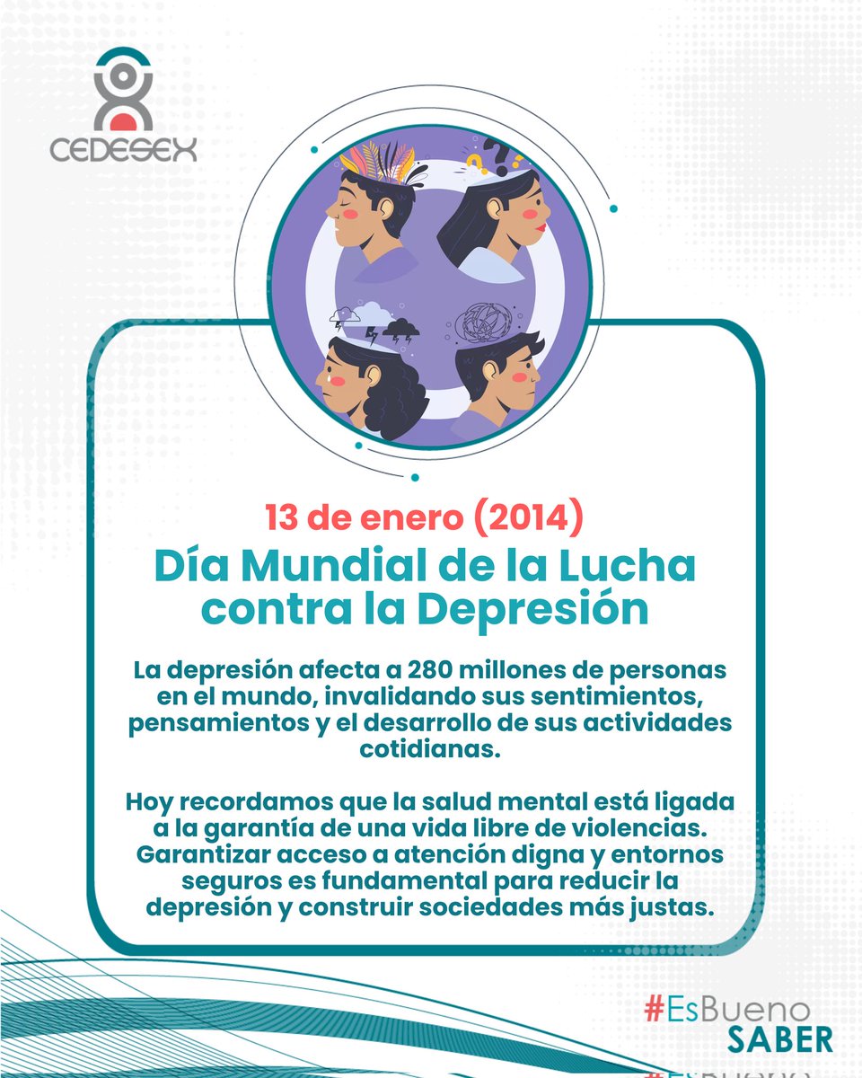 Día Mundial de la lucha contra la Depresión.

La depresión es una realidad de salud mental que se agrava cuando existen violencias y desigualdades.

Garantizar entornos seguros y acceso a atención digna es clave para cuidar la salud mental y defender los derechos humanos.
