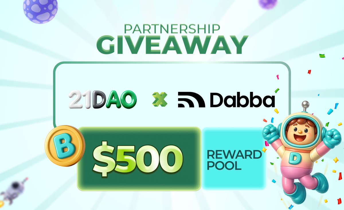🚨 Partnership Giveaway Alert! 🚨

@21dao_global × <a href="/DabbaNetwork/">Dabba Network 🟨</a> 🤝

We’re excited to partner with <a href="/DabbaNetwork/">Dabba Network 🟨</a> to bring the community a massive joint giveaway with a total reward pool of $500. 🎉

🎁 Total Reward Pool:
• 500 Dabba Loot Passes (worth ~$500) 
10 passes worth $10
