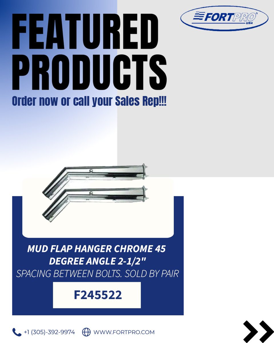 Fortpro's tweet image. 🔩 FEATURED PRODUCTS | FORTPRO 🔩

✔️ F245522 – Chrome Mud Flap Hanger, 45° angle, 2-1/2”
✔️ F247601 – Mud Flap Plain Black, 24” x 24”
✔️ F247705 – Chrome Curved Stack, 5” diameter, 36” length
✔️ F247595 – Mud Flap with Reflector Top, 1-1/2” x 24”, Straight Solid