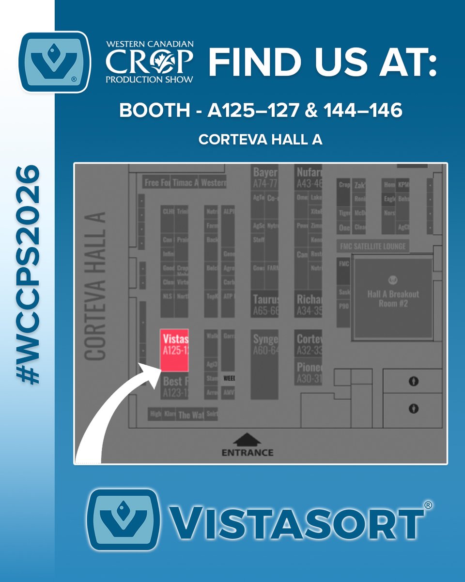 VistaSortAg's tweet image. Looking for Vistasort at the Western Canadian Crop Production Show?

📍 Corteva Hall A
➡️ Booths A125–127 &amp;amp; 144–146

We’re set up and ready to talk seed cleaning, grain processing, and complete plant solutions. Stop by and see where to find us on the show floor.

@WCCPS_SK…
