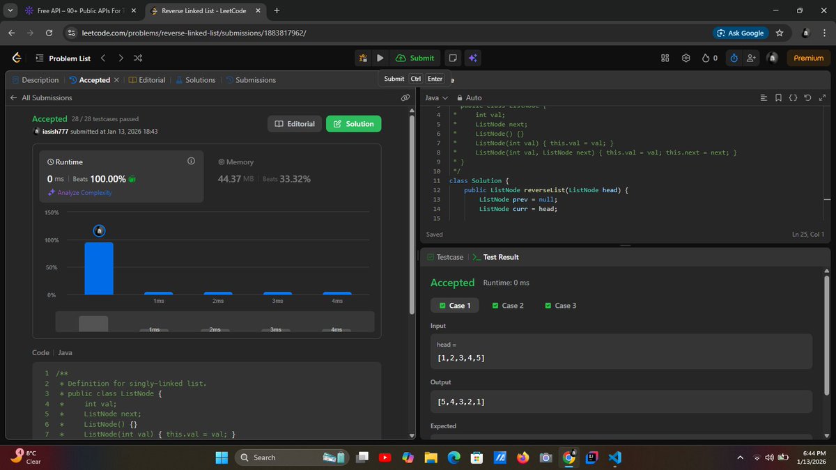 iasish77's tweet photo. Day 29 of 180 ✅
Solved LC206 today. Going slow with DSA but learning backend + working on projects too — focusing on overall growth.
#LeetCode #DSA #Consistency #FullStack #CodingJourney https://t.co/7C5X29p84T