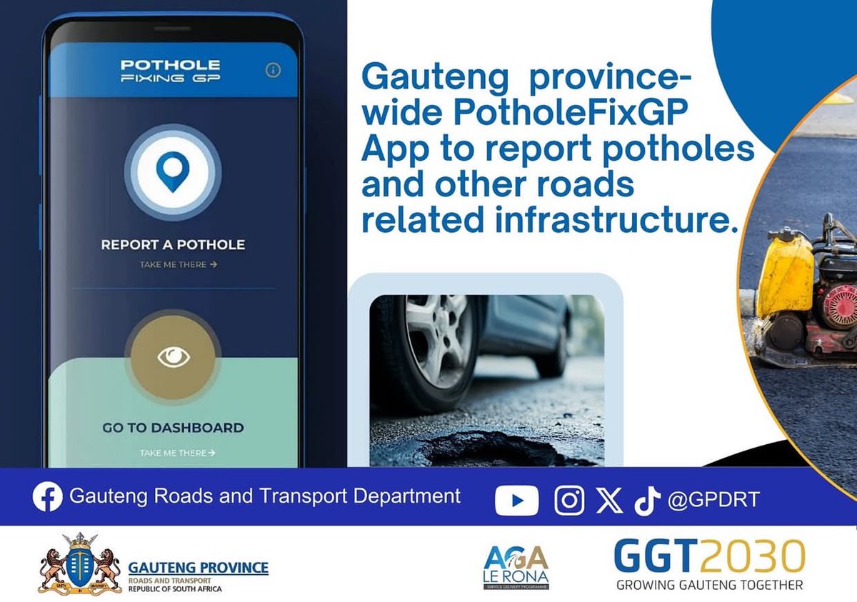 GPDRT_'s tweet photo. Download the PotholeFix GP App today and report potholes instantly from your phone. ๐ฃ๏ธ๐ก
Together, letโs keep Gauteng roads safer and smoother.
๐ Available now on your app store.
#PotholeFixGP #SmartReporting #growinggautengtogether #fyp https://t.co/nmqzUVGEJ1