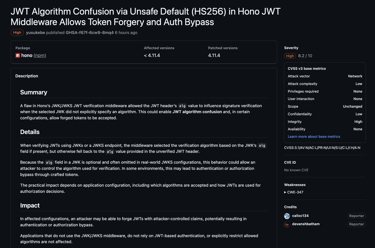 Two of my JWK/JWKS related high severity vulns are now fixed in HonoJS (CVE Pending). Please update to the latest version asap! 

Advisory: 

github.com/honojs/hono/se…

github.com/honojs/hono/se…