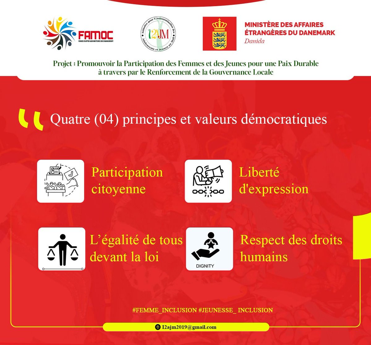 Campagne de sensibilisation
Quatre principes et valeurs démocratiques pour une gouvernance inclusive e participative
• Participation citoyenne
• Liberté d'expression
• L’égalité de tous devant la loi
• Respect des droits humains.
#CampagneDigitale
#ValeursDémocratiques
#FAMOC