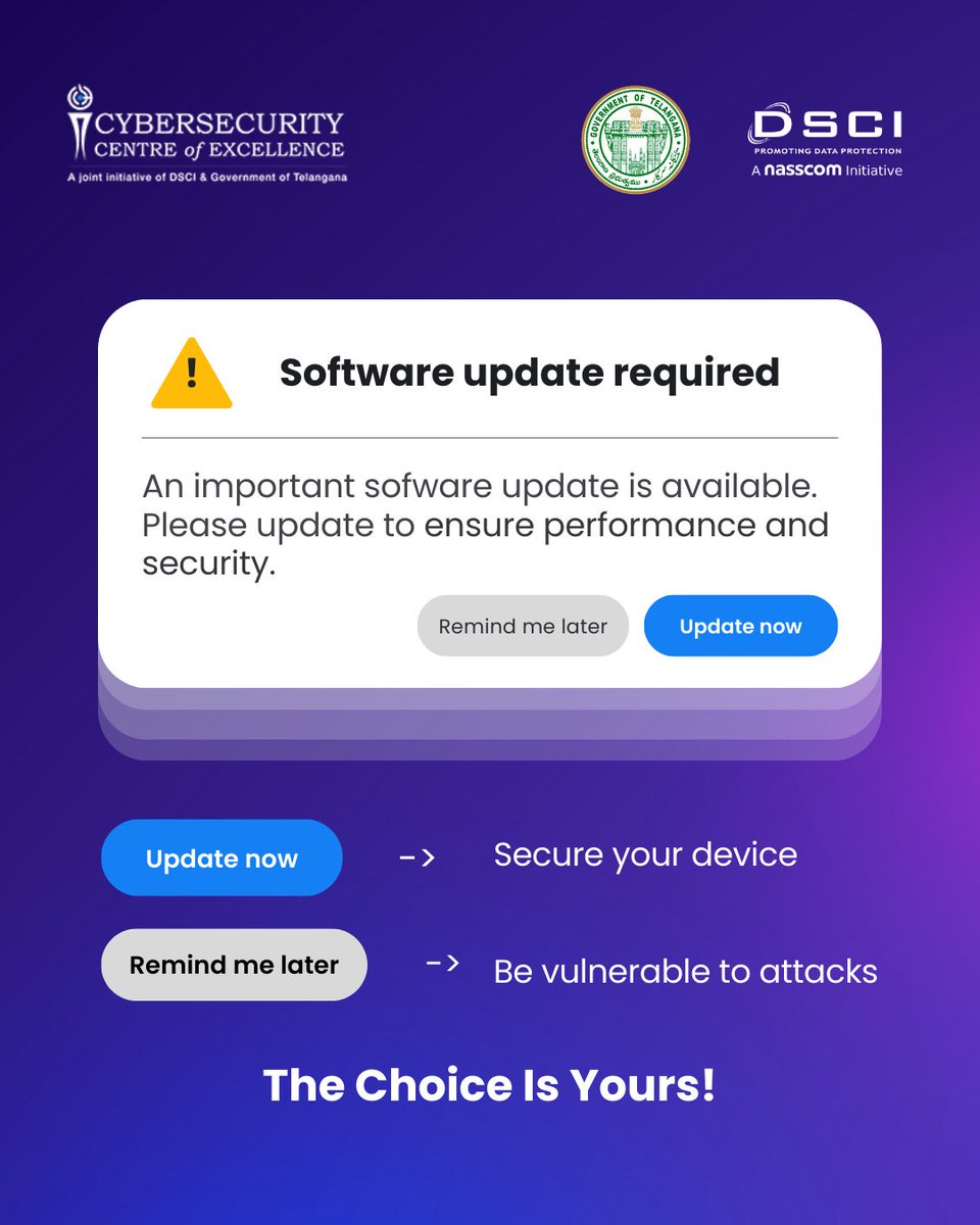 ccoe_hyd's tweet photo. Security updates don’t add features.
They remove known weaknesses.

Delay doesn’t mean safe. It means exposed.
Keep your device and its software updated!

#SoftwareUpdates #CyberHygiene #DigitalReset #CCoE https://t.co/ELcoKbysvn