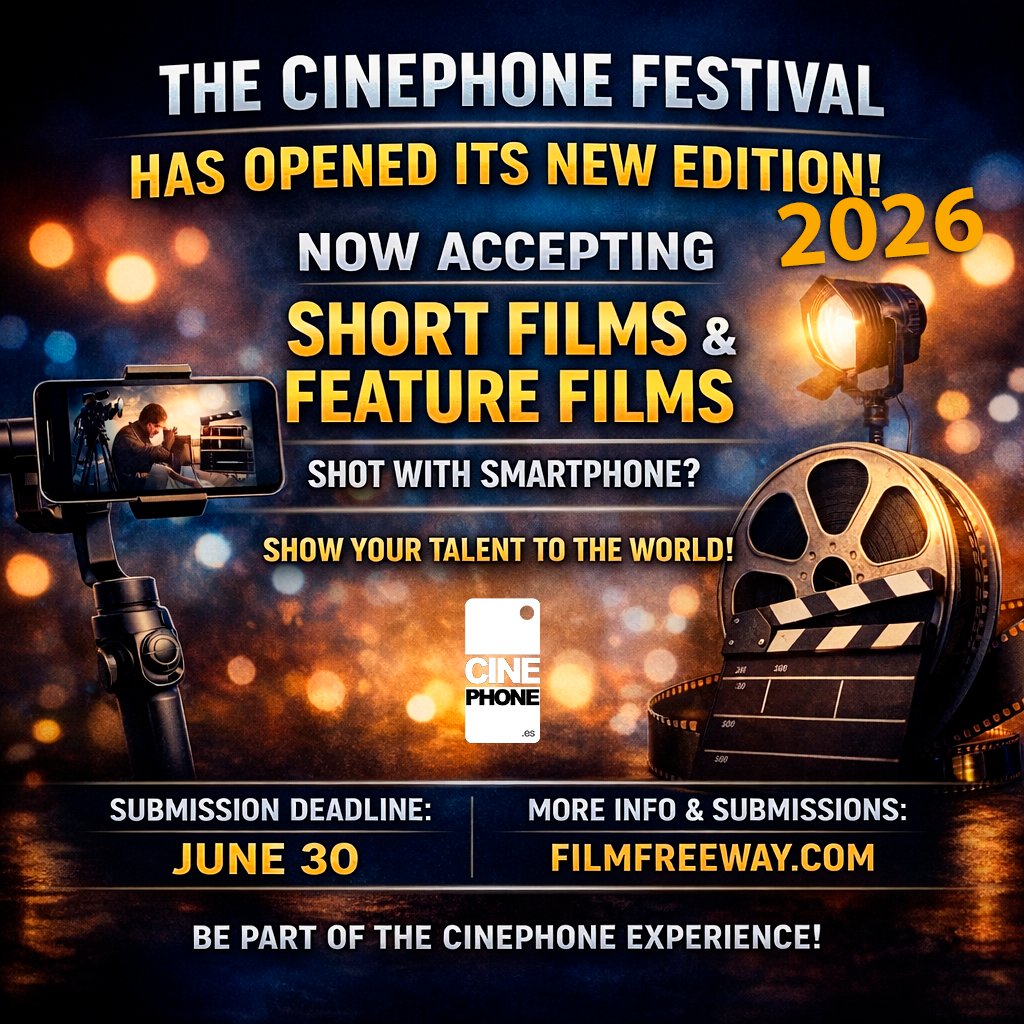 📱✨ ¡Abrimos la 15ª Edición #Cinephone2026! 🎬

Si tu cortometraje o largometraje está rodado con smartphone, ¡queremos verlo!

🗓 Inscripciones abiertas hasta 30 de Junio
🔗 Info completa en filmfreeway.com/cinephone