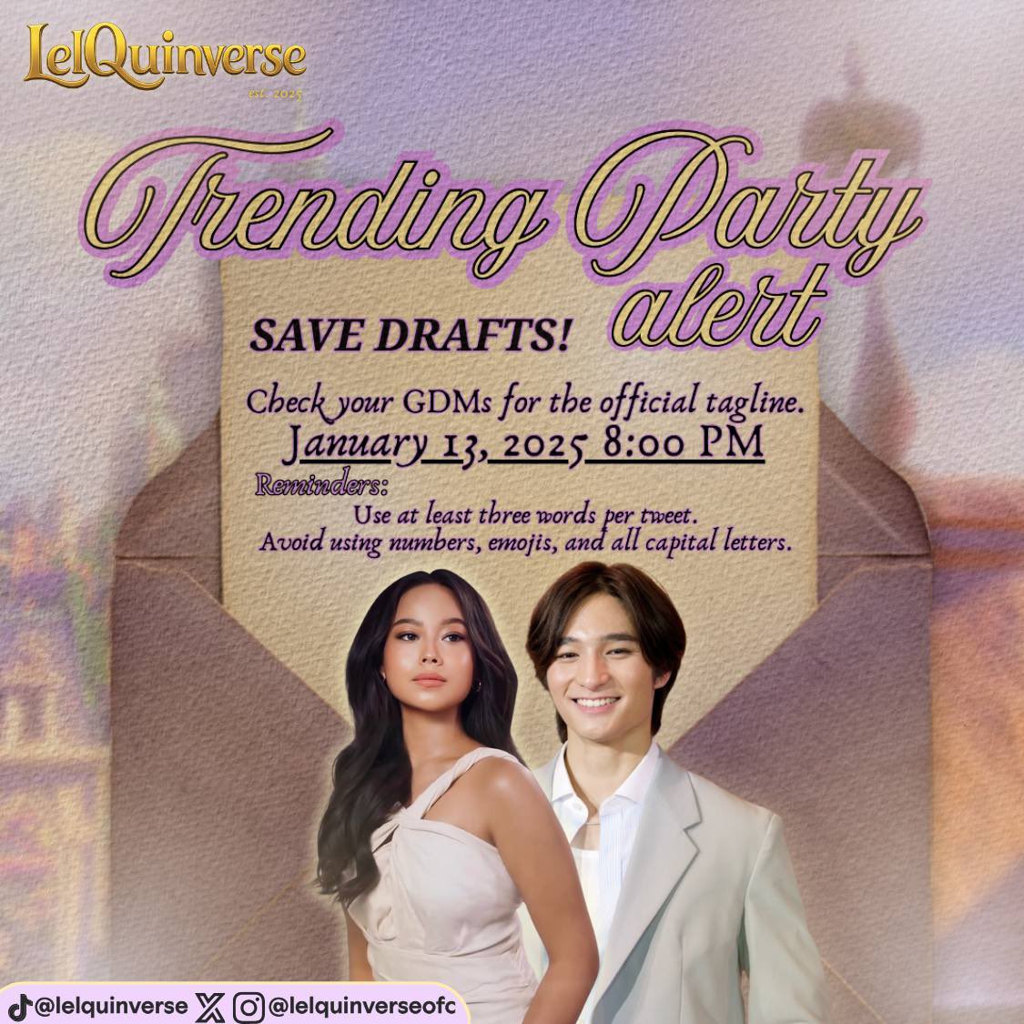 lelquinverseofc's tweet image. 🔔 𝐓𝐑𝐄𝐍𝐃𝐈𝐍𝐆 𝐏𝐀𝐑𝐓𝐘 𝐀𝐋𝐄𝐑𝐓 🔔

𝑳𝒆𝒕 𝒕𝒉𝒆 𝒍𝒊𝒈𝒉𝒕𝒔 𝒔𝒐𝒂𝒓, 𝑸𝒖𝒆𝒍𝒍𝒂𝒔!

Our 𝗧𝗿𝗲𝗻𝗱𝗶𝗻𝗴 𝗣𝗮𝗿𝘁𝘆 will happen tonight and every tweet is a lantern lifting Joaquin and Lella higher🕯💜

Join us later at 8:00 PM.

𝐒𝐚𝐯𝐞 𝐝𝐫𝐚𝐟𝐭𝐬,…