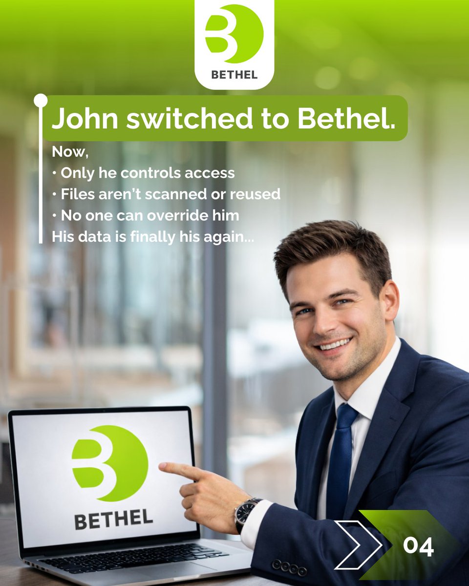 Secure doesn’t always mean controlled.

In centralized systems, access can outlive awareness.
With Bethel, control stays where it belongs with the owner.

Because real privacy isn’t assumed.
It’s designed.

🔐 Experience the future of secure storage today.
Download on iOS &amp;