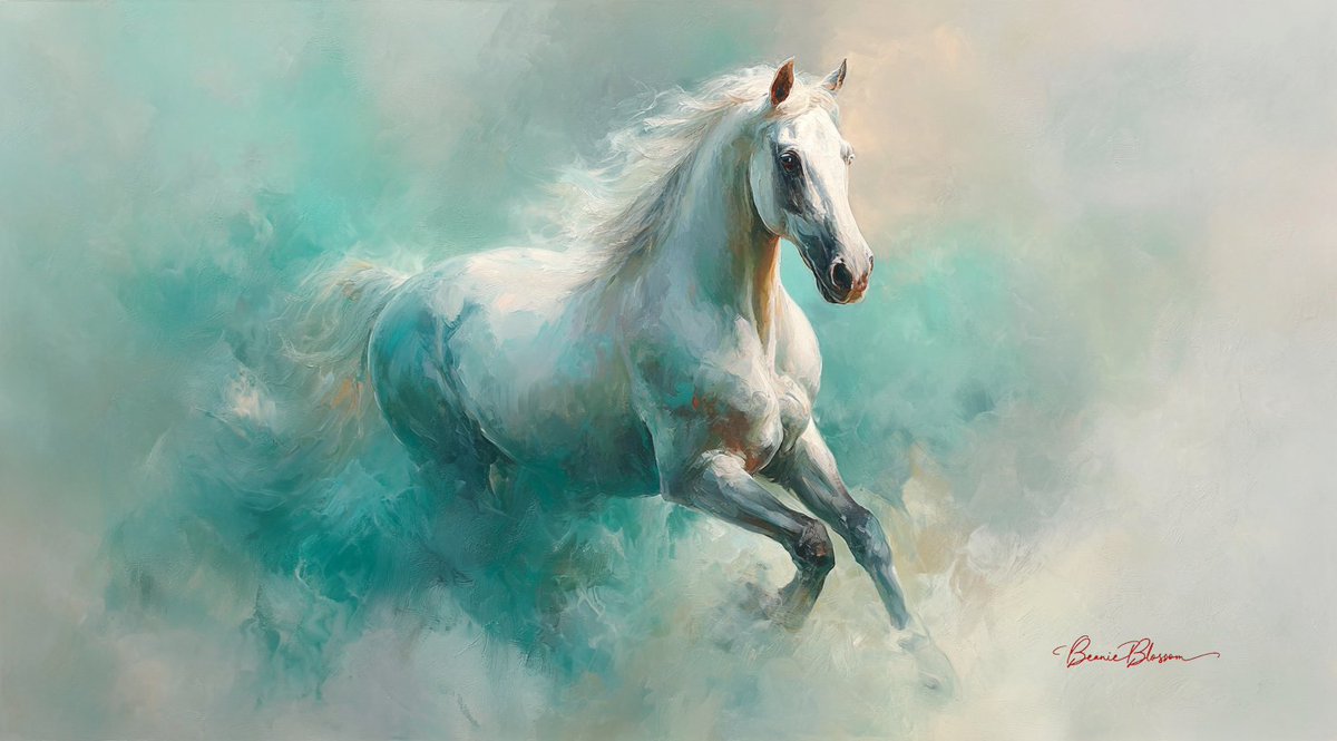 Prompt: a beautiful painting of an elegant horse in motion, with light colors, a light background, blurred edges, in the style of oil watercolor and airbrush, high quality and high resolution, with clear details, professional and aesthetic, with a harmonious and soft lighting,