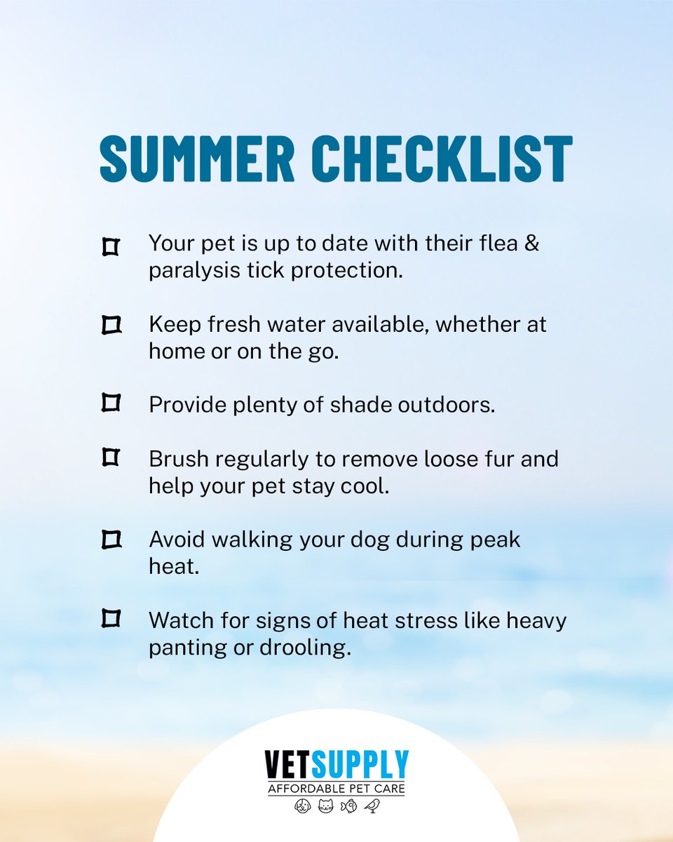 vetsupplyau's tweet image. ☀️ Summer is here! Keep your pets happy, healthy, and cool with our easy summer safety checklist 🐾

A little preparation goes a long way in the heat 

#summerpets #petsummer #petcare #pethealth #petsafety #dogcare #catcare #furbabies #petlovers #petsofinstagram #dogsofinstagram