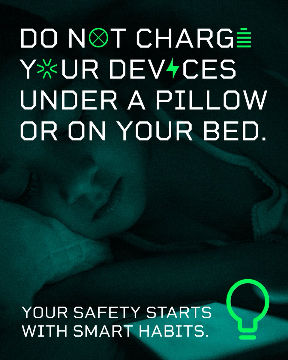 ElecSafetyFirst's tweet photo. Are you guilty of charging your devices on your bed or under a pillow? 🔋🔥

Avoid fire hazards by charging laptops, phones and tablets on a hard surface, such as a table. Never charge on beds or under pillows and avoid leaving devices charging unattended or overnight. https://t.co/9wHzxQY8zt