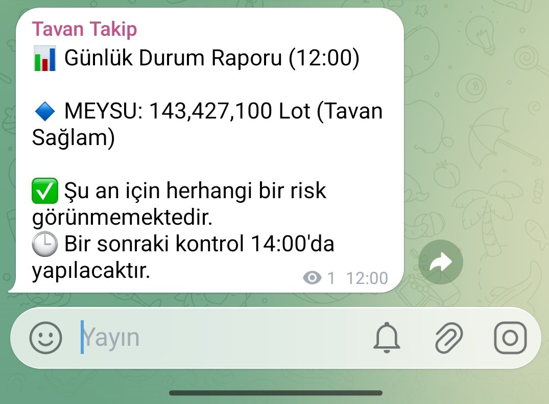 soner_yilmz's tweet photo. HALKA ARZ BOTU GELİŞTİRİYORUM. 

✅ Her 45 saniyede bir tavandaki lotu takip eder. 
✅ Lot ani düşüş veya başlangıçtan sonra erirse Tavan bozabilir alarmı üretir. 
✅ Her 2 saatte bir durum raporu verir. 

Tabi benim yerimi tutamaz 😊

Kimler ister 👉 BEĞEN

#meysu #halkaarz https://t.co/Q4VXU2Bkdo