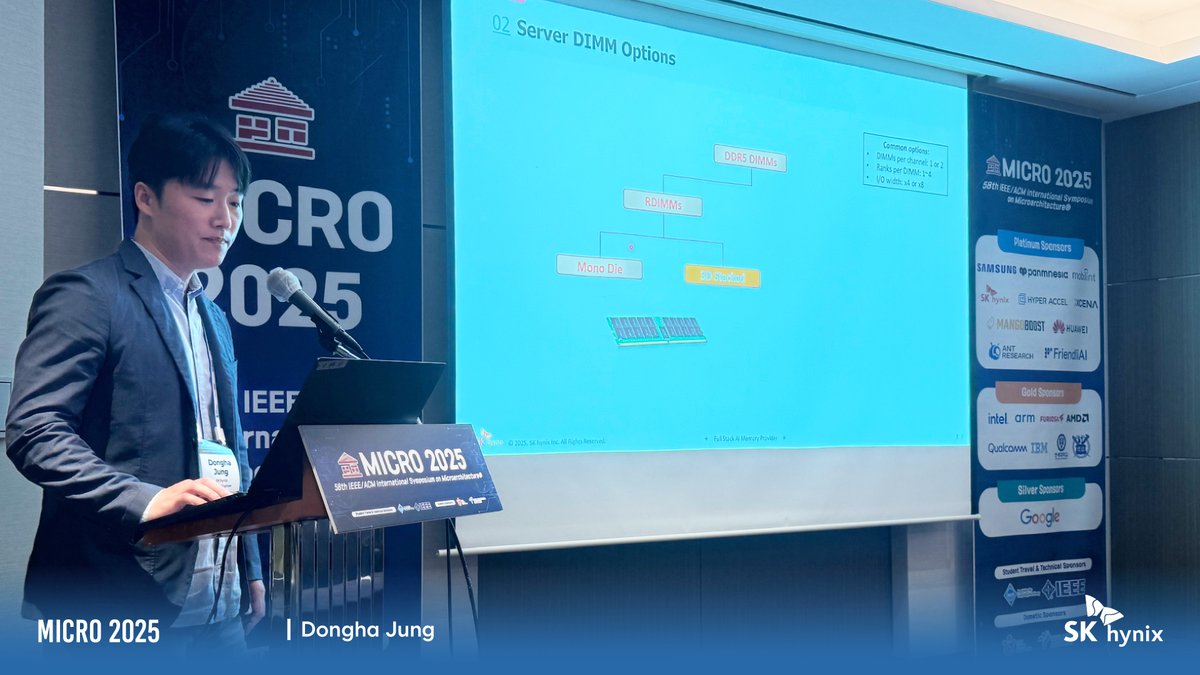 SKhynix's tweet photo. In October 2025 at #MICRO 2025 in Seoul, @SKhynix hosted a DRAM Tutorial Session—sharing practical perspectives on HBM, DDR, LPDDR, CXL, and PIM to help bridge the gap between academia and industry.
Take a look at the moments from the session on site.
#SKhynix #MICRO2025 #DRAM https://t.co/2hTEq0Vdiz