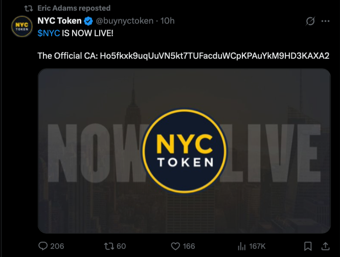 PeckShieldAlert's tweet image. #PeckShieldAlert #RugPull Former NYC Mayor Eric Adams @ericadamsfornyc has reportedly executed a rugpull on his newly launched memecoin, $NYC. 

After the token was promoted on his personal social media, its liquidity was abruptly removed only 30 minutes post-launch, resulting in…