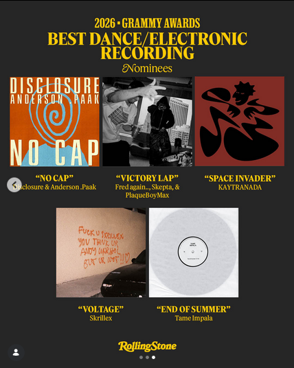 thegrammyshow's tweet photo. Who will win Best Dance/Electronic Recording

No Cap - Disclosure &amp; Anderson .Paak

Victory Lap - Fred again.., Skepta, &amp; PlaqueBoyMax

SPACE INVADER - KAYTRANADA

VOLTAGE - Skrillex

End Of Summer - Tame Impala

Follow @thegrammyshow 

#GRAMMYs2026 https://t.co/a1AtVPeNqD
