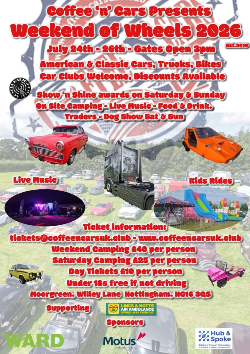 CoffeeNCars1's tweet photo. #WeekendofWheels is back in July for our annual weekend camping car shoe dedicated to things with wheels, #AmericanCars #ClassicCars #Motorbikes #MilitaryDisplay live music and entertainment food and drinks and traders, get tickets on our website https://t.co/hzJAqNvmh5 https://t.co/bJ4NgBVI16