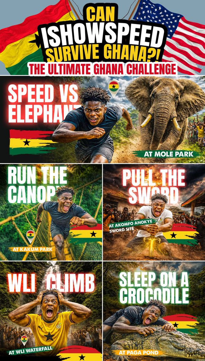 IShowSpeed is touring Africa, Ghana has the ultimate challenge pack.. 

You accepting ? 🇬🇭🔥

• Speed with elephants at Mole National Park

• Test courage at Paga Crocodile Pond

• Run the Kakum Canopy Walkway

• Climb to the top of Wli Waterfalls, the highest waterfall

*