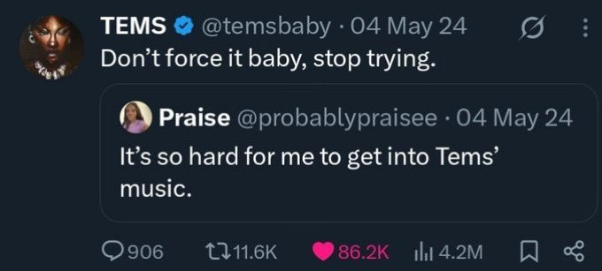 bornwilld's tweet image. Tems has a message for you