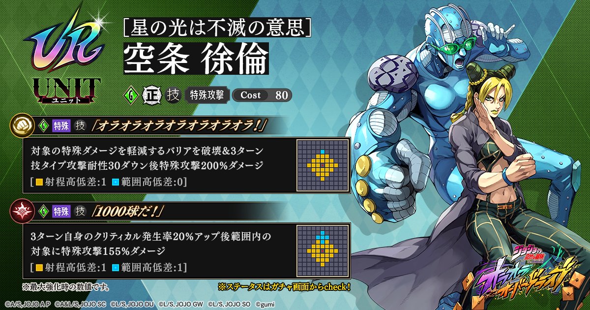 |◤ 新ユニット性能紹介 ◢|

1/15(木) メンテナンス終了後より登場ッ！

【星の光は不滅の意思】空条 徐倫

詳細はこちら
jojo-oradora.com/articles/01KEV…

#オラドラ #ジョジョ