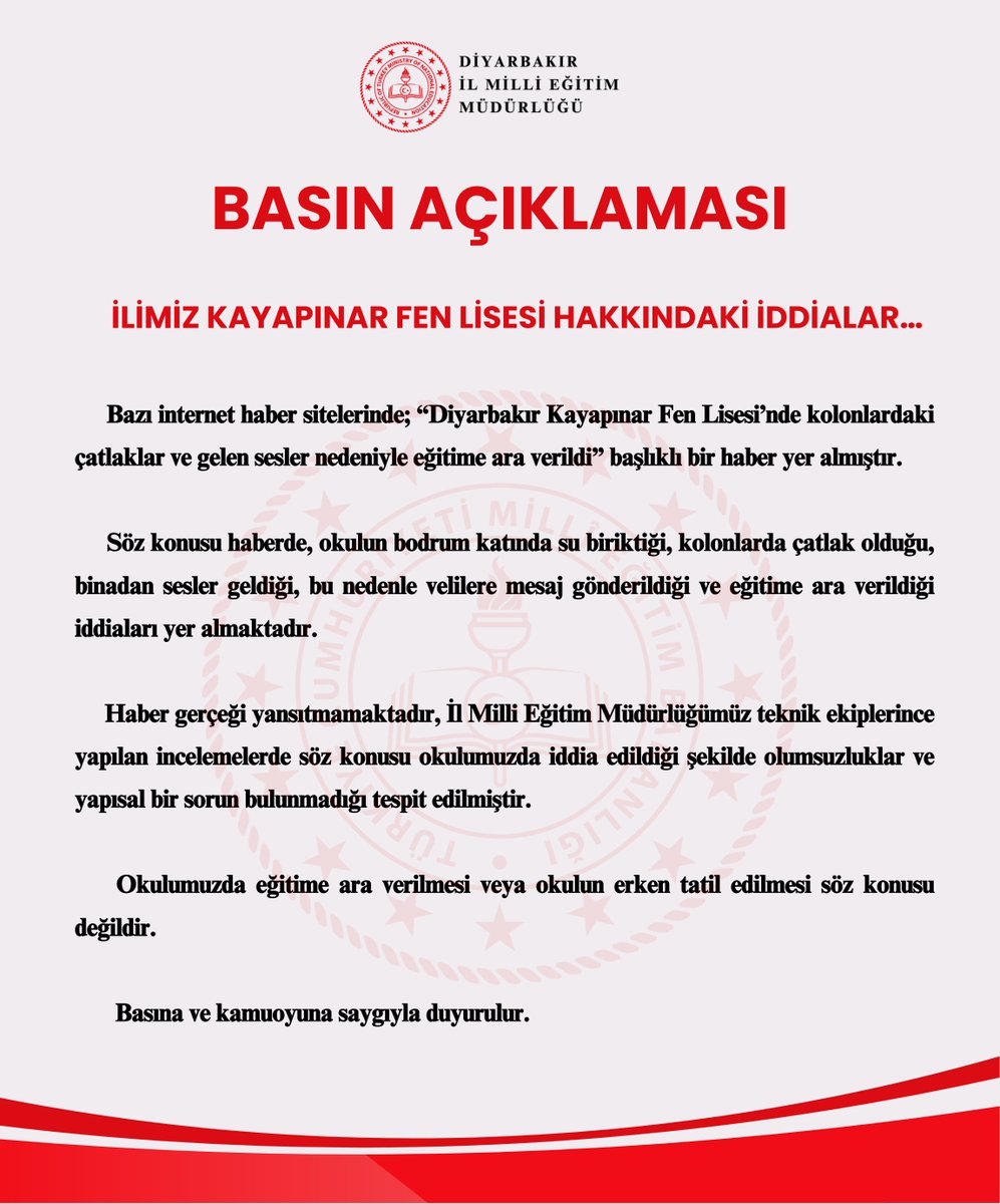 📢BASIN AÇIKLAMASI

İlimiz Kayapınar Fen Lisesi Hakkındaki İddialar

<a href="/tcmeb/">Millî Eğitim Bakanlığı</a> <a href="/Yusuf__Tekin/">Yusuf Tekin</a> 
<a href="/vali_zorluoglu/">Murat Zorluoğlu</a> <a href="/sadoglu_salih/">Salih Sadoğlu</a>