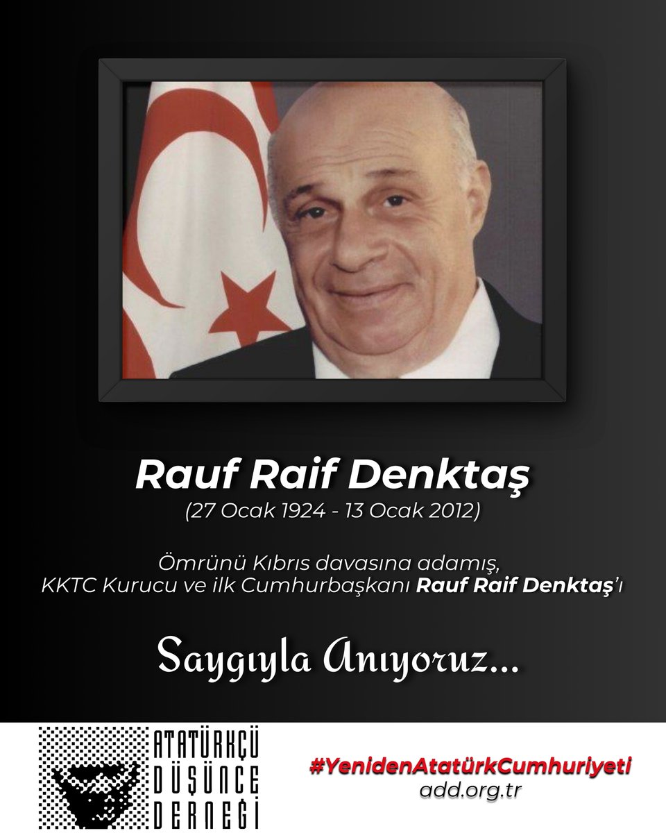 Ömrünü Kıbrıs davasına adamış, Kıbrıs'ta mücadelenin, bağımsızlığın ve onurun adı, KKTC Kurucu Cumhurbaşkanı Rauf Raif Denktaş'ı aramızdan ayrılışının 14. yıl dönümünde saygıyla anıyoruz. #RaufDenktaş #KKTC #YenidenAtatürkCumhuriyeti #ATATÜRKTEBİRLEŞMEZAMANI