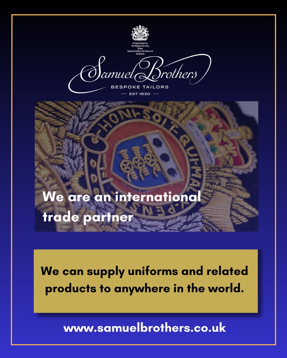SamuelBrothersT's tweet image. If your organisation requires UK‑sourced uniforms or military equipment, we provide a complete service, from design, manufacture to supply. Samuel Brothers is an established exporter.
samuelbrothers.co.uk

#military #tailors #uniforms #supplychain #international #UKBusiness