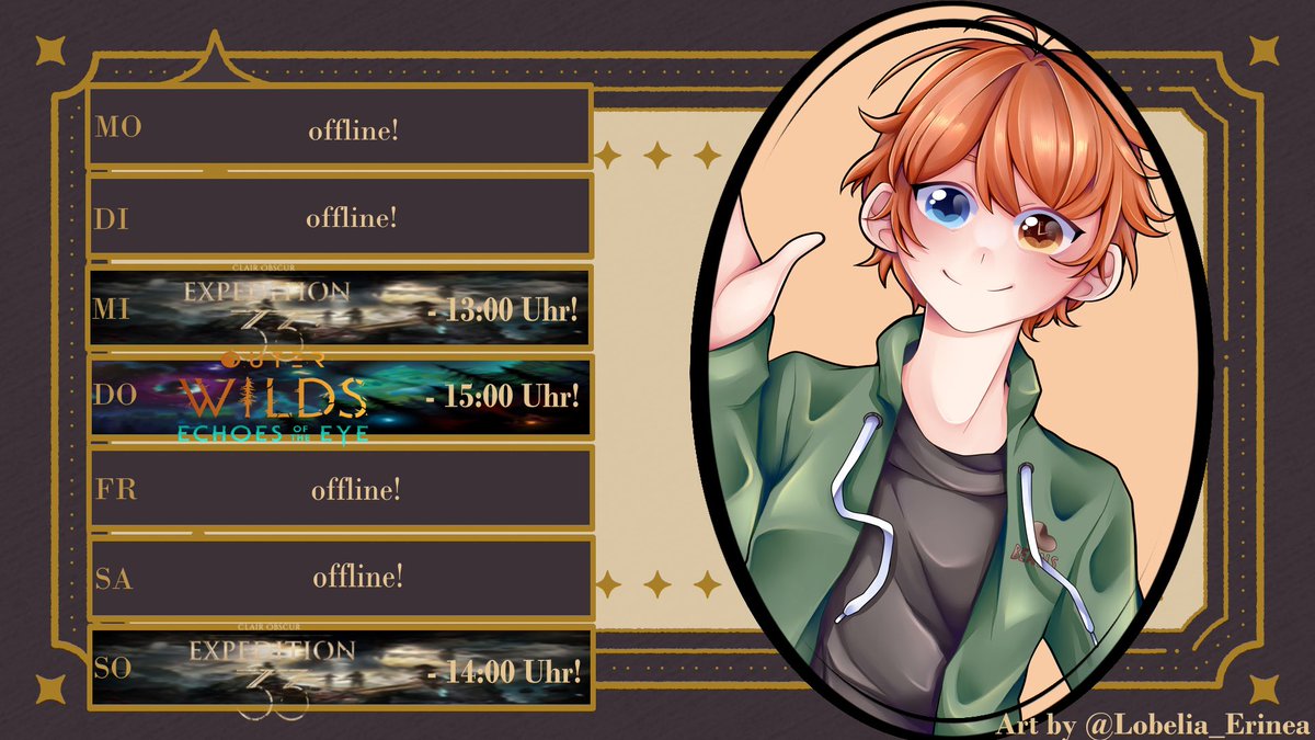 RandomTimeVT's tweet image. ⏳ -𝐒𝐭𝐫𝐞𝐚𝐦 𝐒𝐜𝐡𝐞𝐝𝐮𝐥𝐞-⌛️

Diese Woche rufen uns die Expeditionen!!! Ich bin so hyped quq

Mi: Die Expedition 33 geht weiter!✍️

Do: Weltraum-Horror vom feinsten!🪐

So: Weitere Geheimnisse werden enthüllt!✍️

🧡🧡🧡