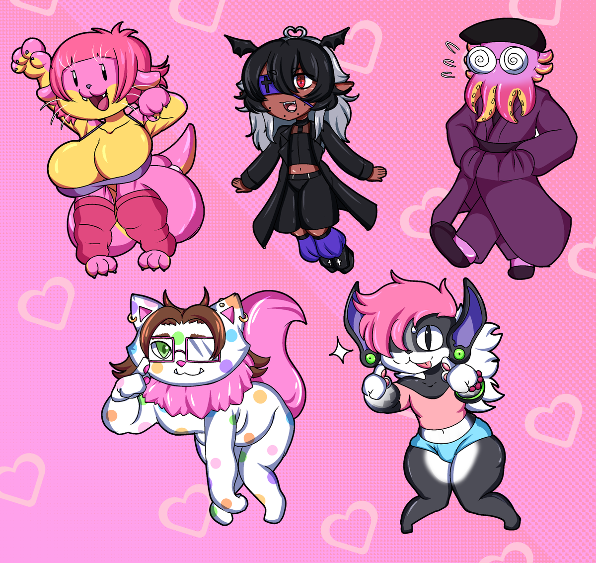 In my short time streaming, I've met a really wonderful group of people on Twitch that have showed me so much love that I can't thank them enough! 

I wanted to draw them!💜

Left to Right:
<a href="/otterpuppss/">Brie Otterpupps Pupps🌺</a> 
Hogpics (@/butaboar.bsky.social)
<a href="/dorimemento/">Dori🪦🦇</a> 
<a href="/bowwowzersvt/">BowWowzers! | Doggy VTuber</a> 
<a href="/CrazyBryguy/">Crazy Bryguy</a>